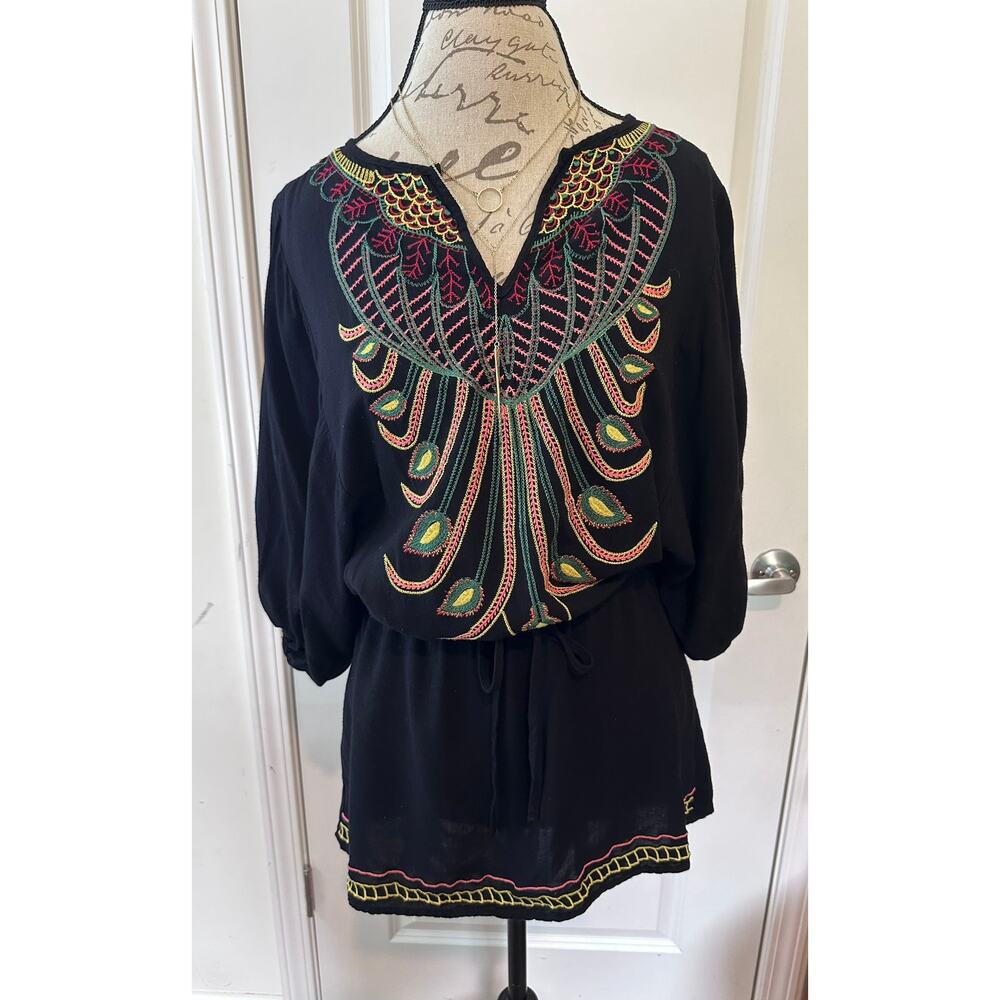 Miuse Women's sz M Embroidered Tunic/Beach Coverup/ Dress Batwing Sleeves Boho